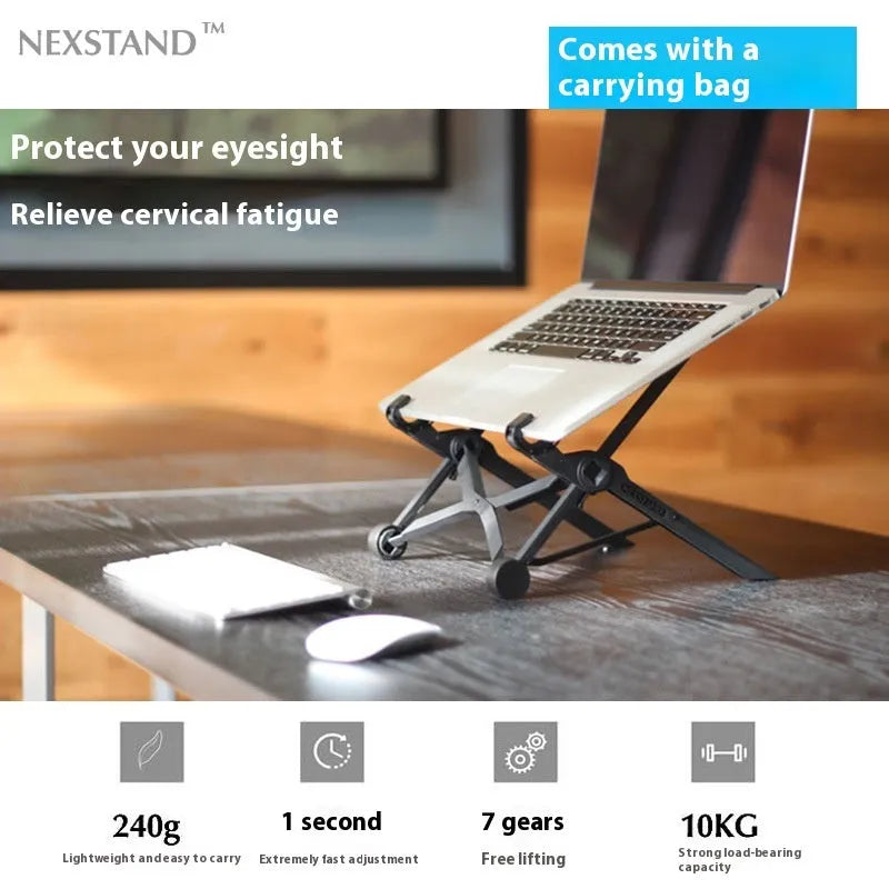Sagacious black folding laptop bracket stand, shown unfolded to 40cm and next to its carrying case.