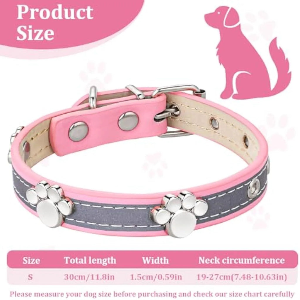 Reflective PU leather dog collar with metal buckle and cute paw rivet, shown in adjustable sizes for dogs.