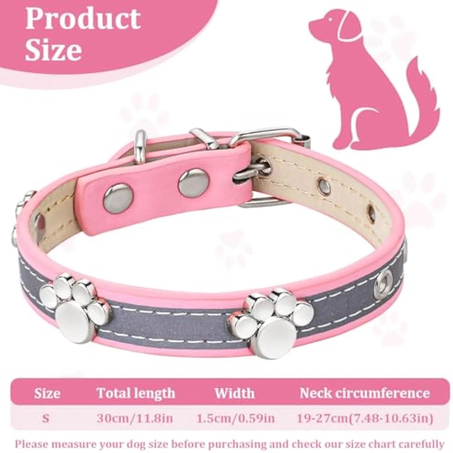 Reflective PU leather dog collar with metal buckle and cute paw rivet, shown in adjustable sizes for dogs.