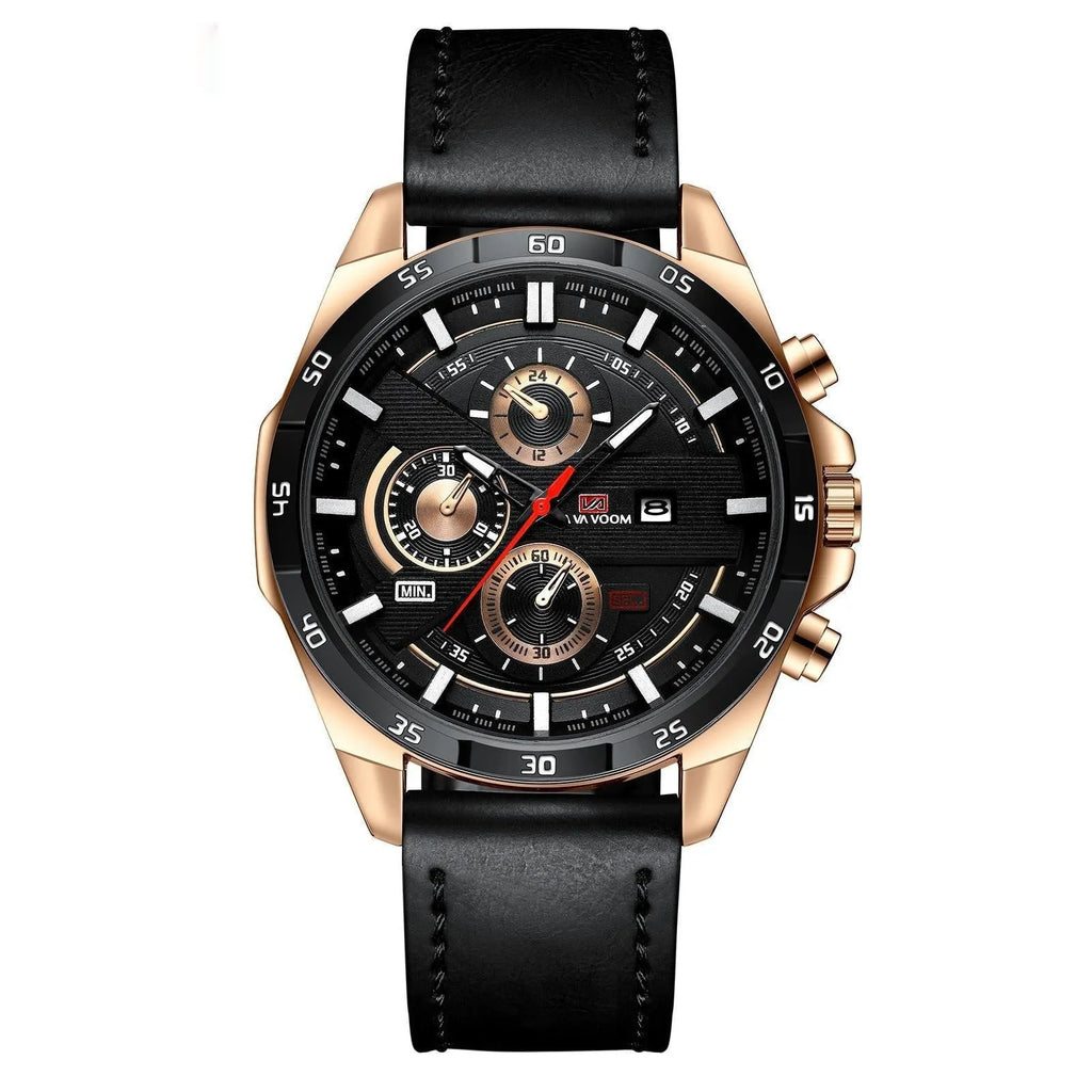 Men's black leather strap watch with rose gold case and calendar window on dial.