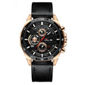 Men's black leather strap watch with rose gold case and calendar window on dial.