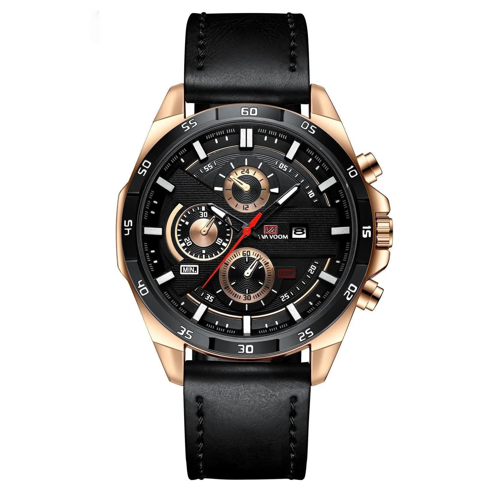 Men's black leather strap watch with rose gold case and calendar window on dial.