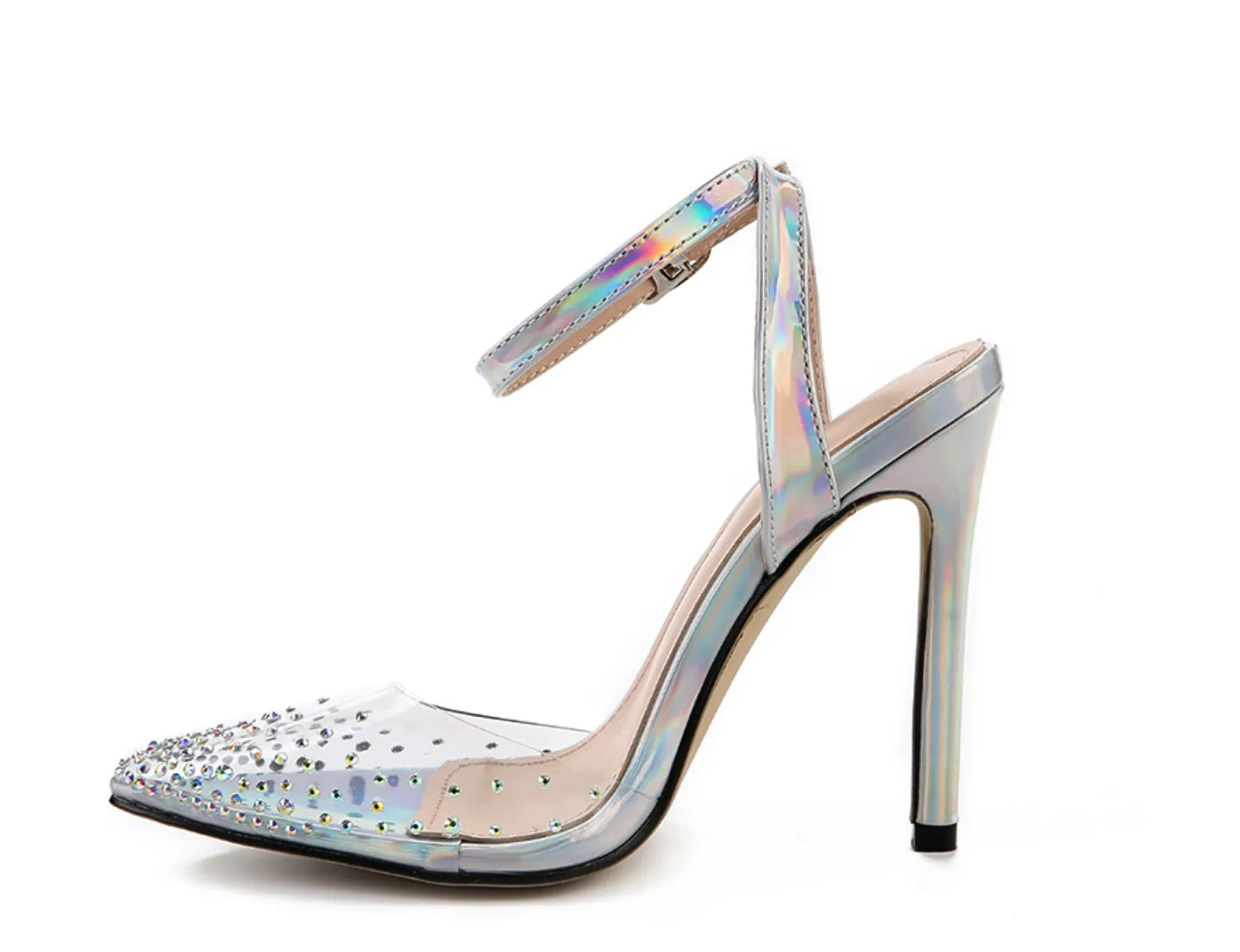 Women's pointed-toe PVC sandals with a stiletto heel on a plain background.