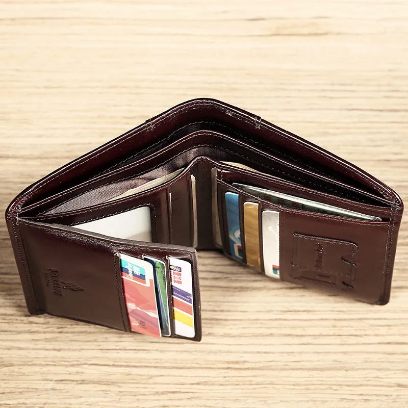 Men's black full-grain leather bifold wallet open, showing eight card slots and a zipped coin pocket.