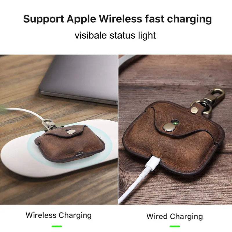 Brown leather clamshell case cover for Apple AirPods Pro with a vintage crazy horse pattern texture.