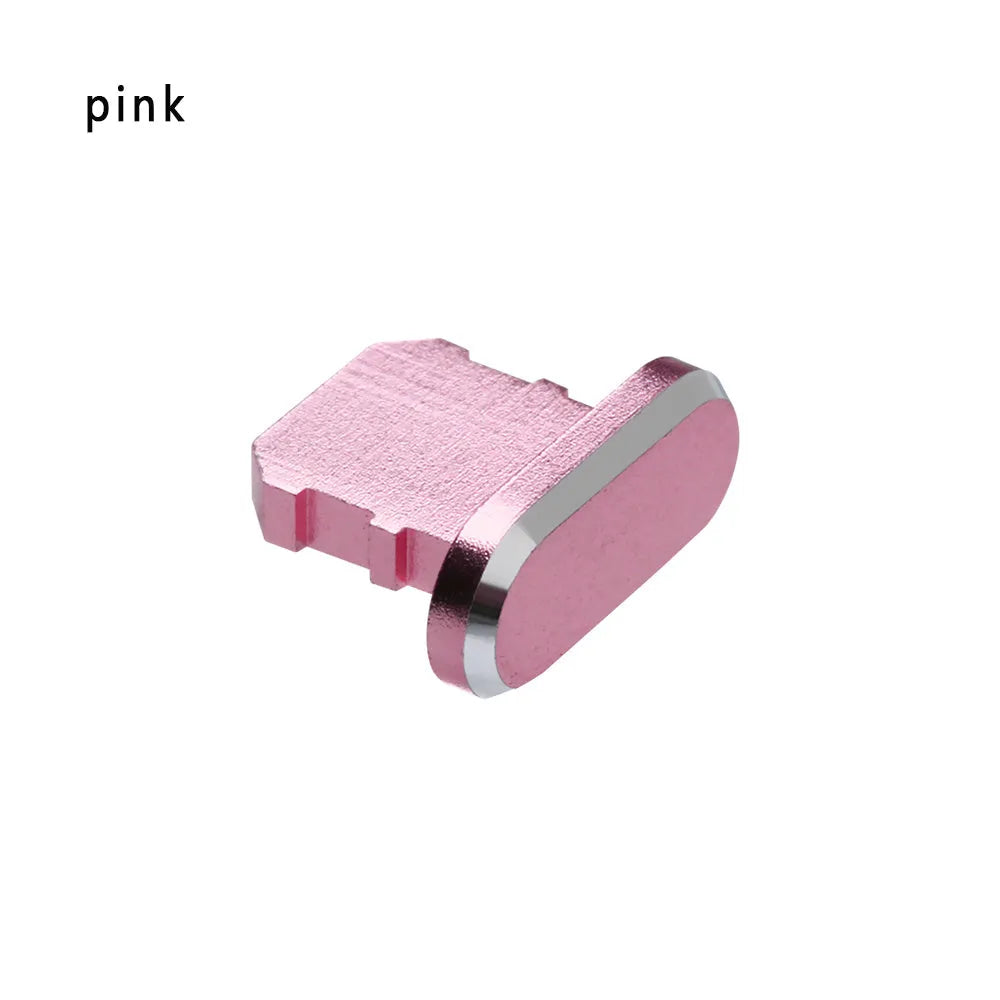 Aluminium alloy charging port dust plug for iPhone in various metallic colours including gold and rose gold.