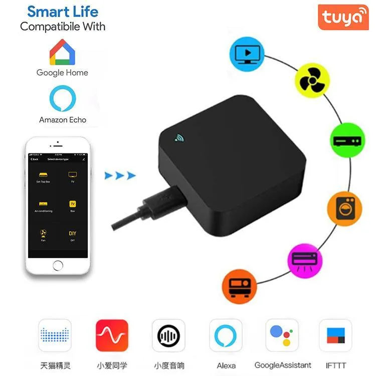 Black universal infrared remote control with voice operation for air conditioning and TV control
