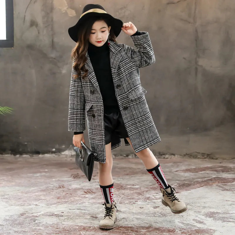 Grey plaid houndstooth coat for girls with suit collar and long sleeves