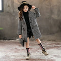 Grey plaid houndstooth coat for girls with suit collar and long sleeves