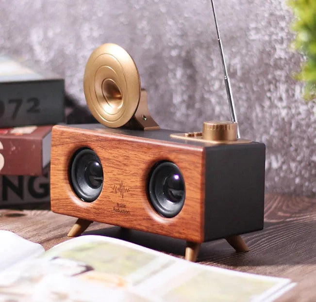 B6 wireless Bluetooth speaker with imitation wood cabinet in dark brown colour, showing front speaker grille and control panel