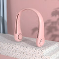 Pink portable USB rechargeable bladeless neck fan with an adjustable neckband.