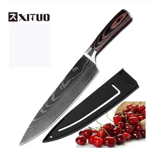 Stainless steel kitchen chef knife with laser Damascus pattern on blade and coloured wood handle.