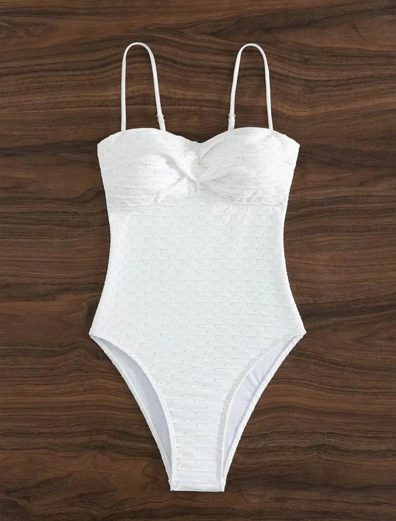 White women's one-piece swimsuit with sling design and briefs-style European pattern