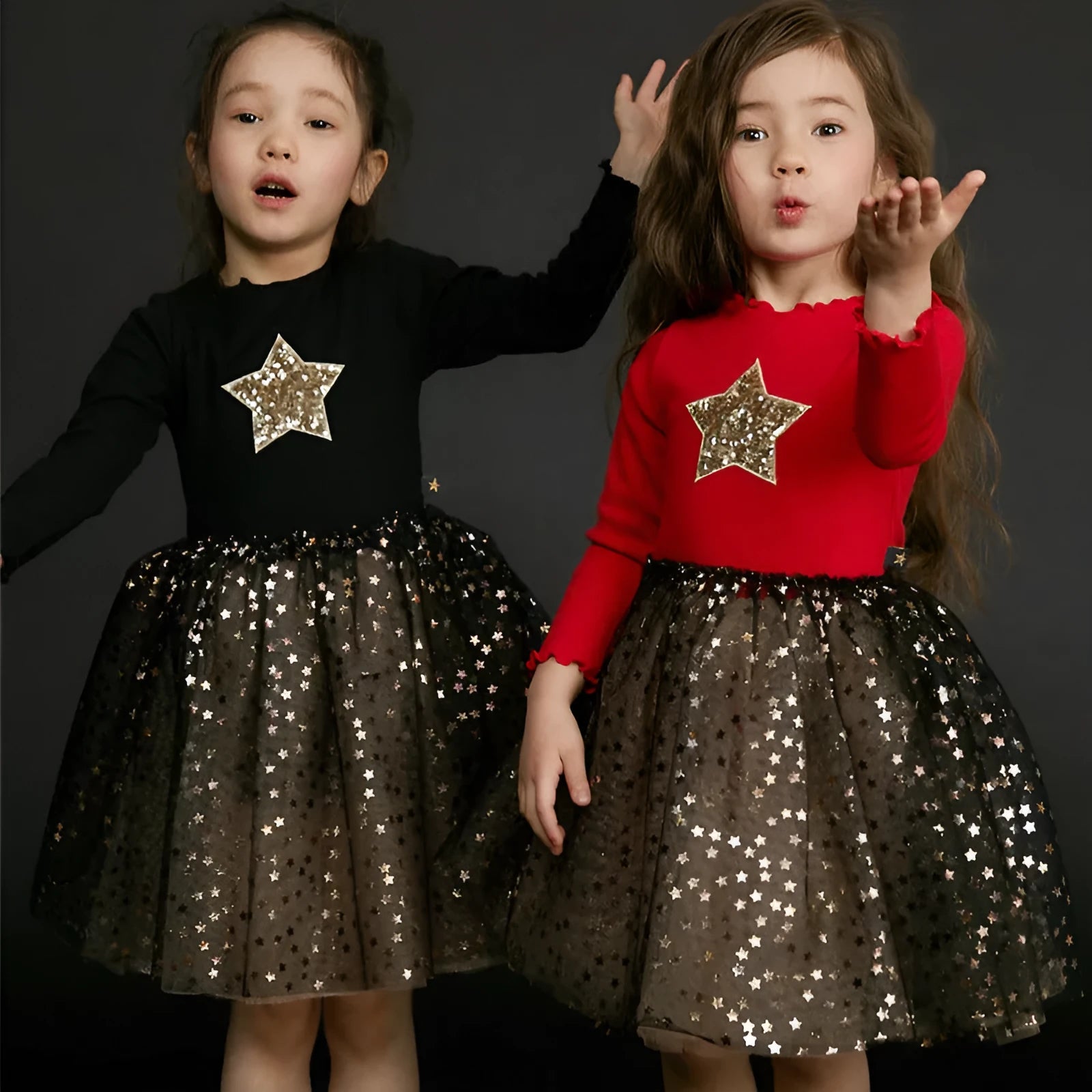 Red Christmas dress for girls with embroidered star pattern and lace detailing