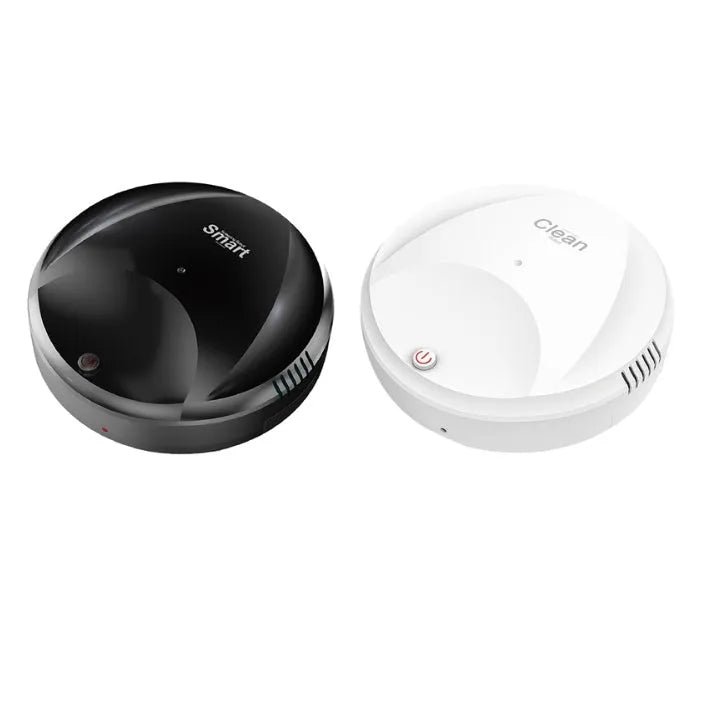 Smart vacuum cleaner charging version in black on a wooden floor with automatic obstacle sensing