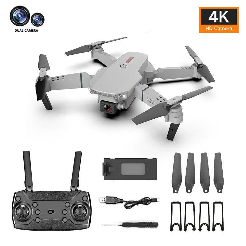 Grey foldable 4K dual camera aerial drone with remote control and carrying case