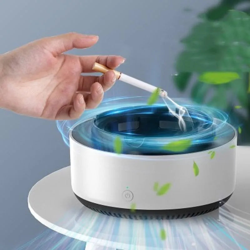 Grey electronic air purifier ashtray with cigarette butt grooves and air filtration system