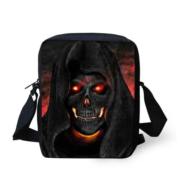 Children's medium messenger bag with skull design, showing adjustable straps and zip opening.