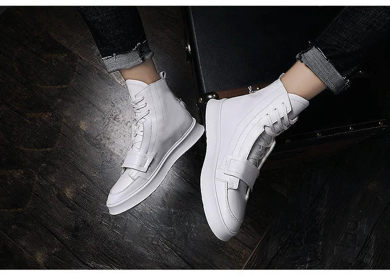 Men's black and white PU leather high-top ankle boots for winter, showing sneaker-style design.