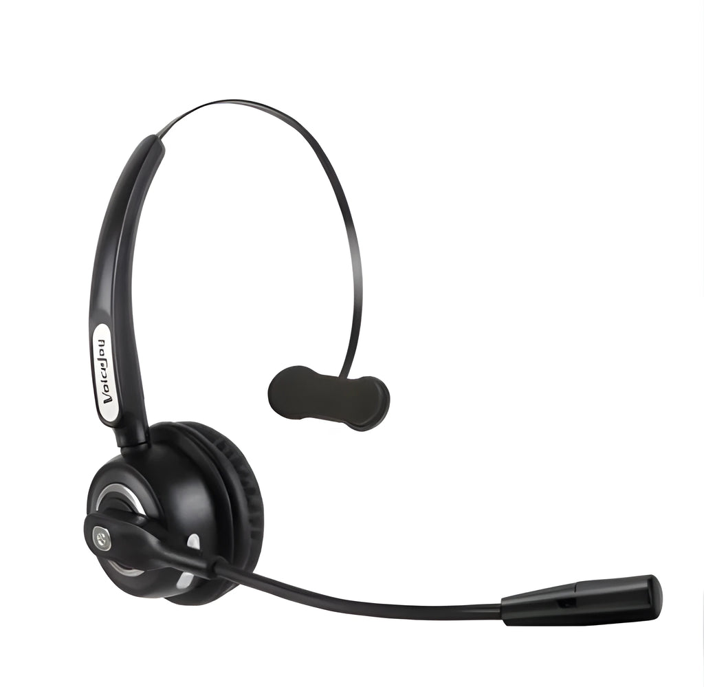 Bluetooth headset with microphone for truck drivers featuring noise-cancelling technology and USB charging cable