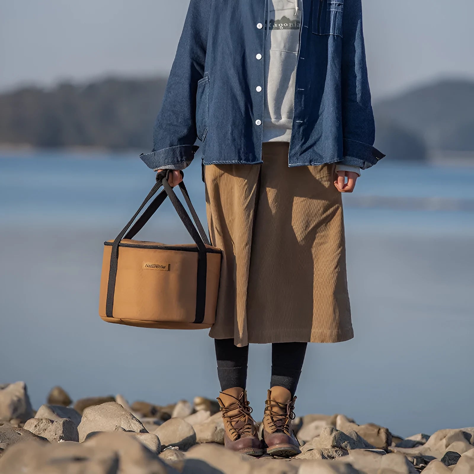 Thickened canvas camping bucket storage bag large 38x18cm 19.3L barrel shape with Oxford cloth lining