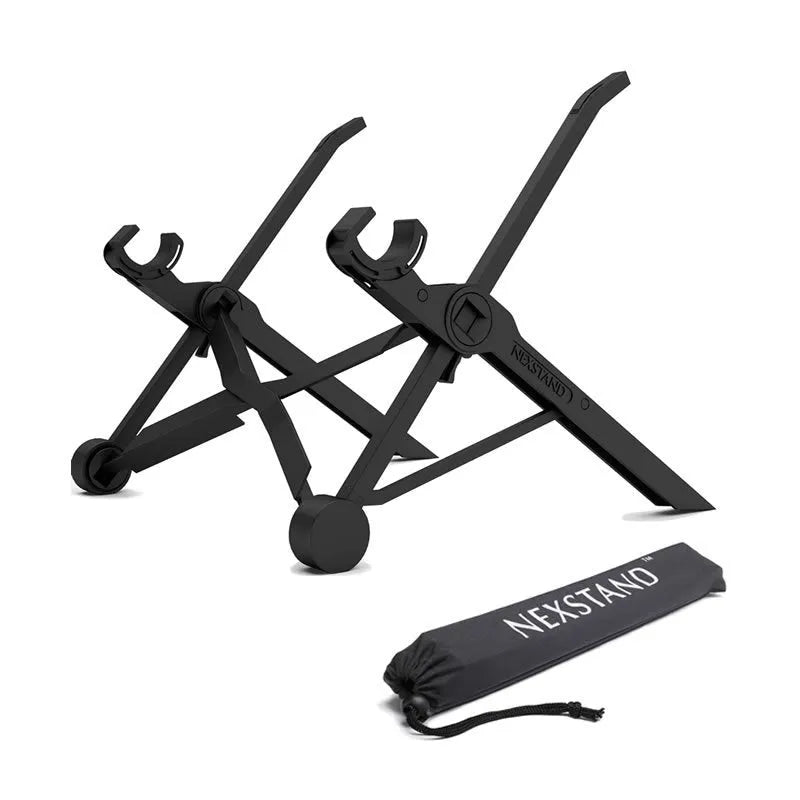 Sagacious black folding laptop bracket stand, shown unfolded to 40cm and next to its carrying case.
