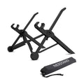 Sagacious black folding laptop bracket stand, shown unfolded to 40cm and next to its carrying case.