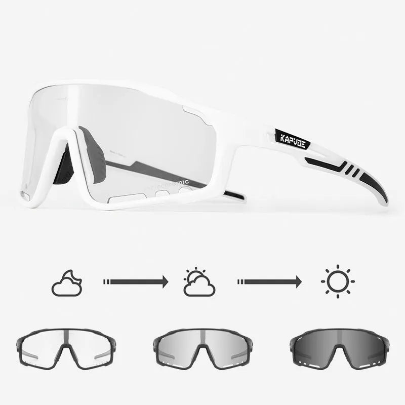 Photochromic cycling sunglasses with semi-rimless TR90 frame in one of 14 colour options.