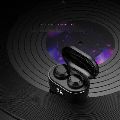 Black stereo Bluetooth wireless earbuds with earplug design for hands-free calls and music.