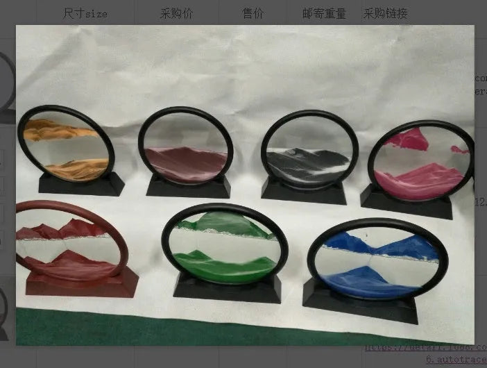 Glass quicksand painting hourglass ornament with fine coloured sand in a polished glass frame