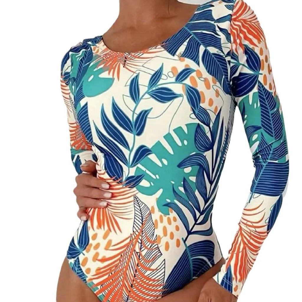 Women's floral print backless one-piece swimsuit on a white background