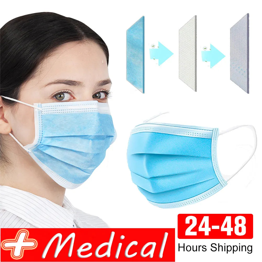 Disposable 3-ply face mask in light blue with ear loops, 175mm x 95mm non-woven fabric