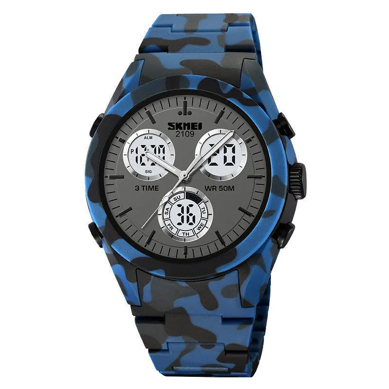 Casual electronic watch with a digital display, TPU strap, and ABS case shown in Army Green camouflage colour.