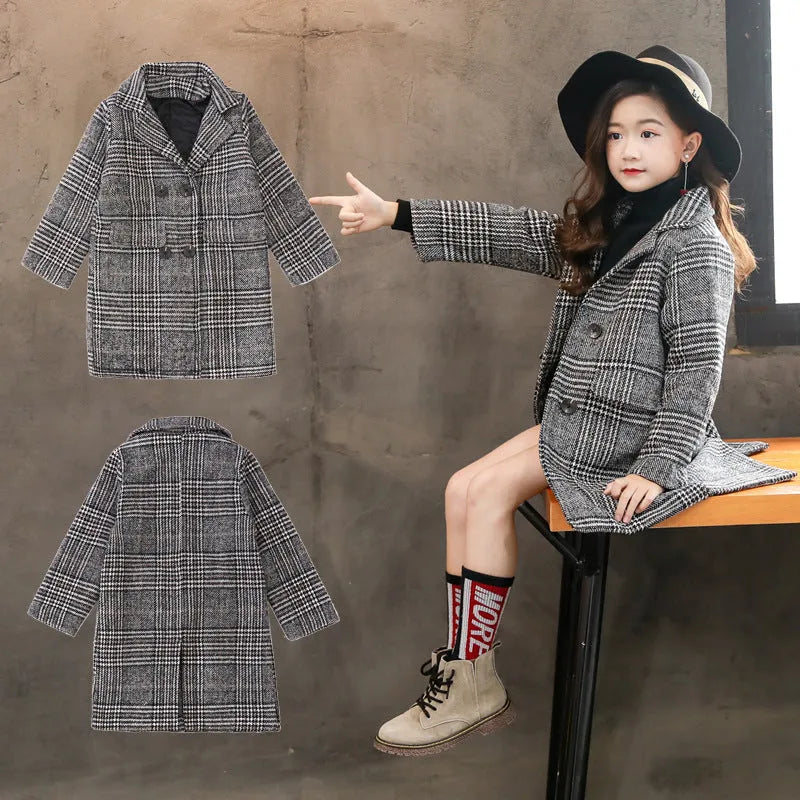 Grey plaid houndstooth coat for girls with suit collar and long sleeves