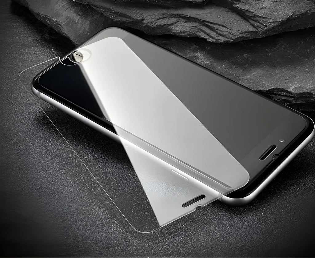 Tempered glass screen protector for mobile phones with 9H hardness and oleophobic coating.