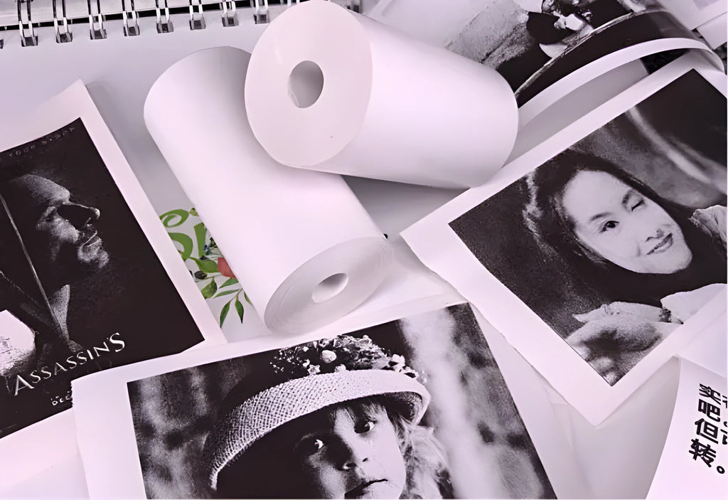 PerPage mini wireless portable thermal printer paper roll in multiple colours, showing label and sticker options