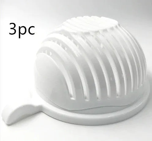 Blue salad cutter bowl showing removable cutting lid placed on a base with a raised rim.