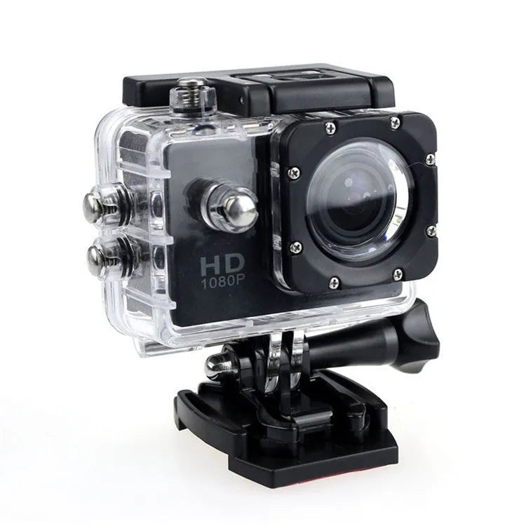 Waterproof sports camera 480P in black with LCD screen and waterproof case