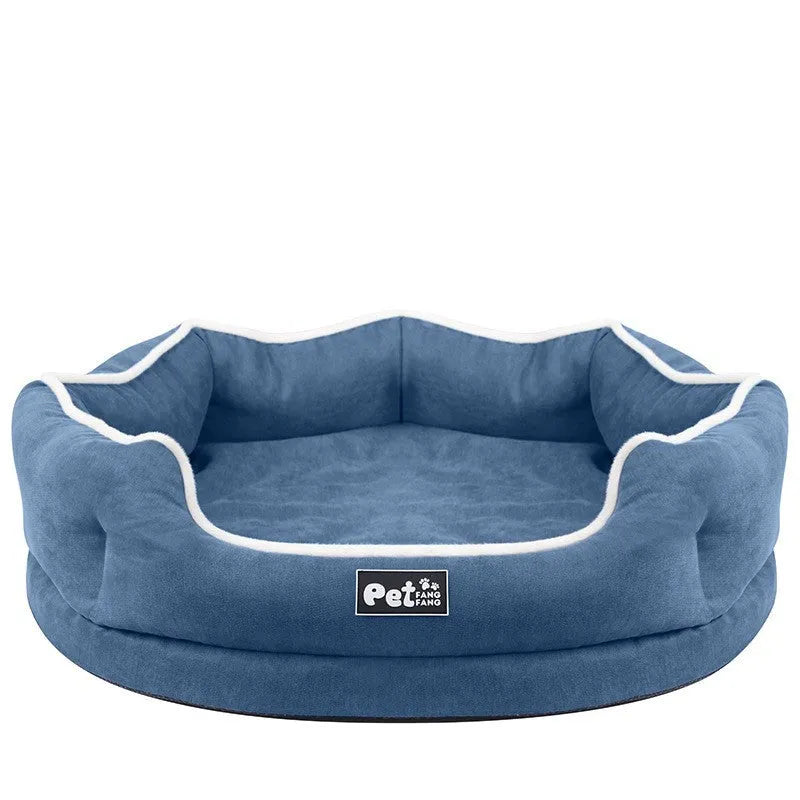 Blue Liscel fabric sponge-filled dog cushion on a sofa for pet comfort