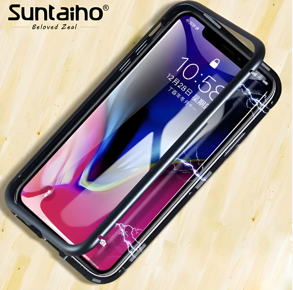 Suntaiho magnetic adsorption phone case with tempered glass back for iPhone