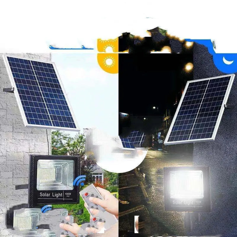 Black Cornucopia solar-powered LED flood light mounted on a wall bracket with remote control.