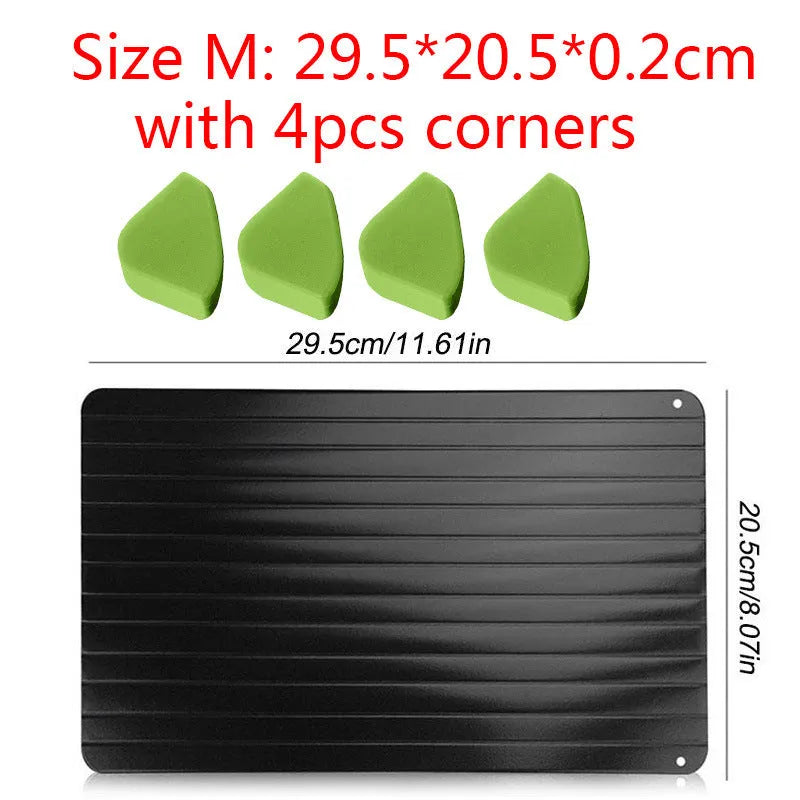 Black aluminium defrosting tray for thawing frozen meat without microwave