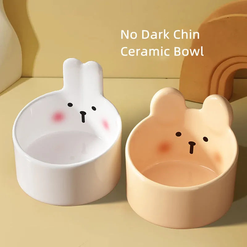 Blush Critter ceramic pet bowl set in white and brown with neck protection design