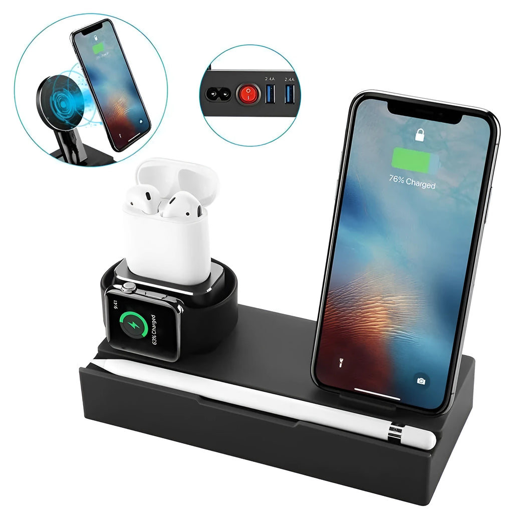 Black eight-port wireless charging bracket with USB ports and fireproof ABS+PC construction