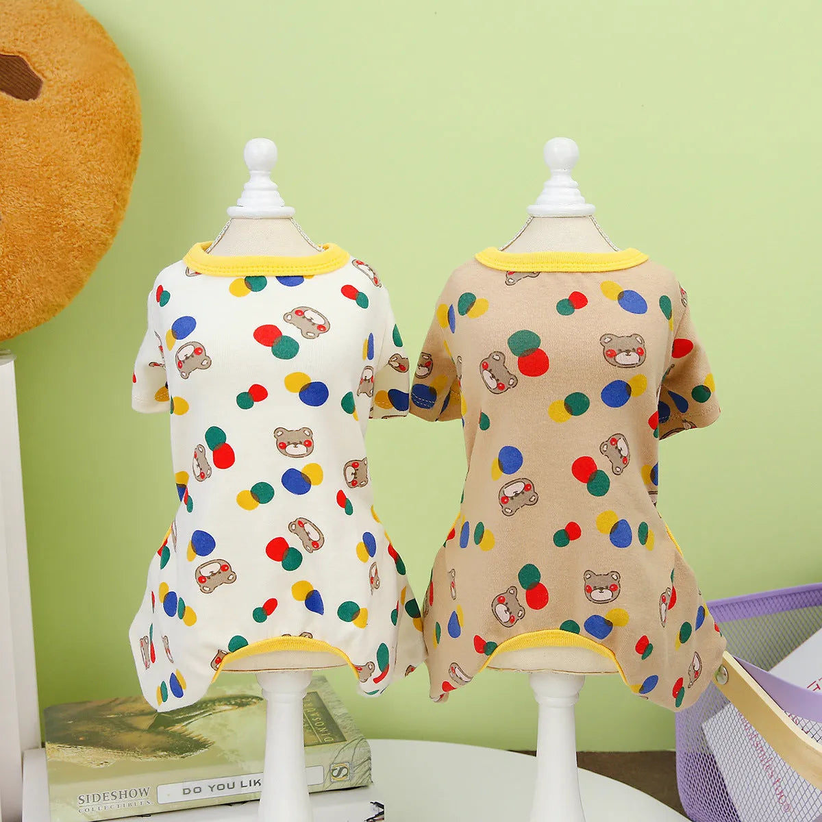Beige cotton-blend dog sweater jumper with casual ball bear design in size medium