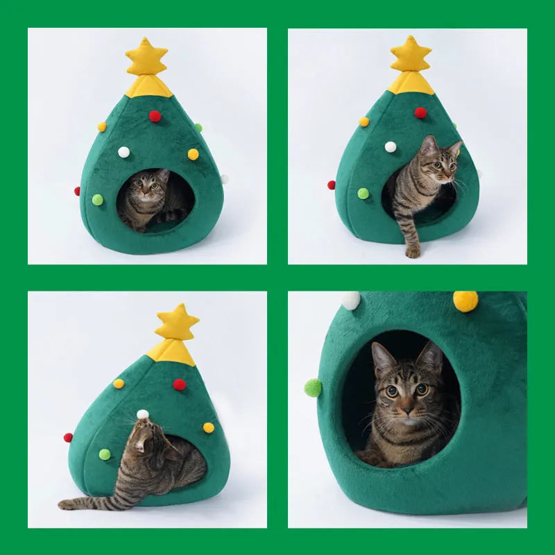Red Christmas plush cave pet bed for cats and dogs with a washable cover in three sizes.