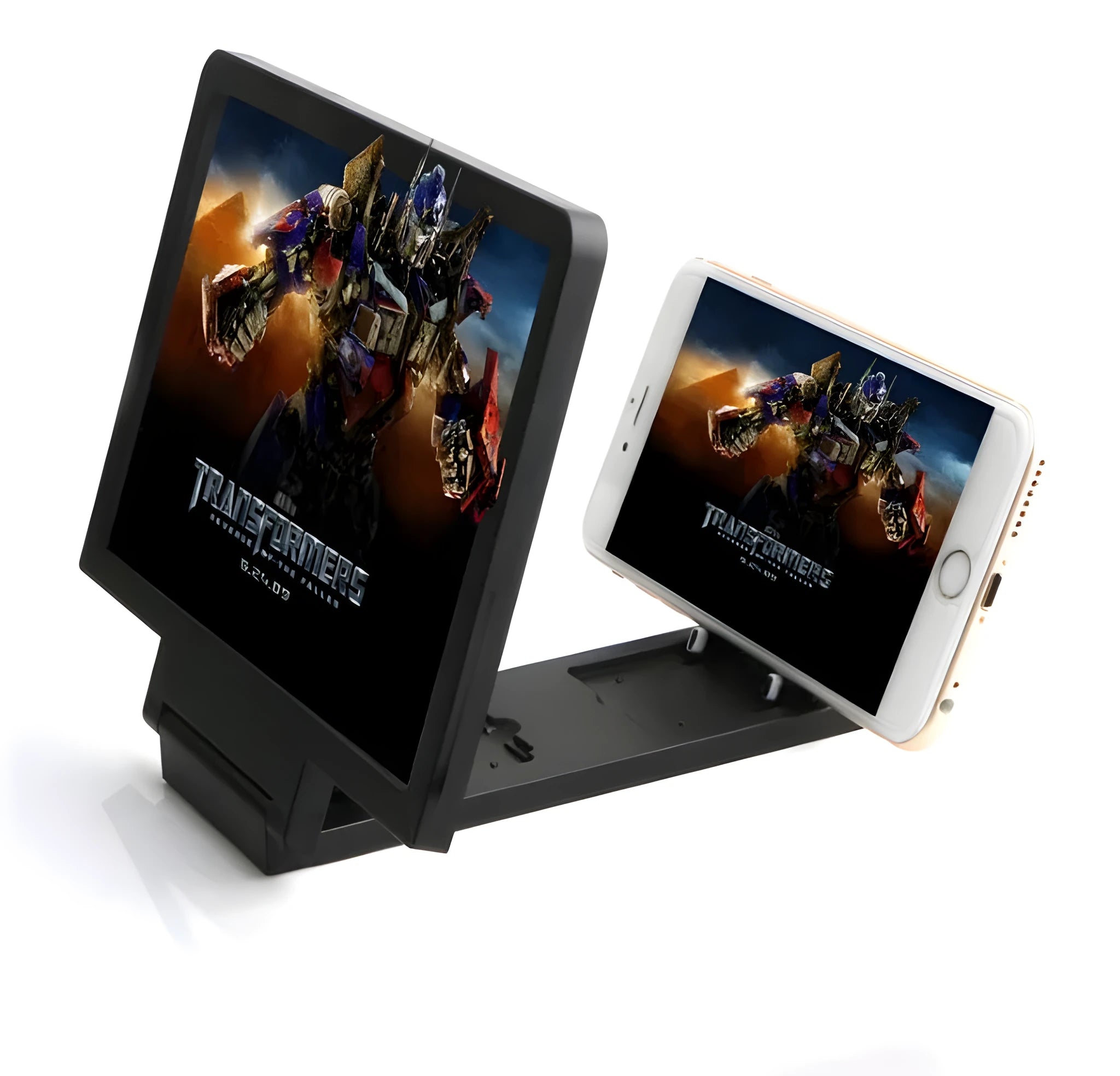 Black folding aluminium mobile phone stand with integrated 3D screen amplifier on a table.