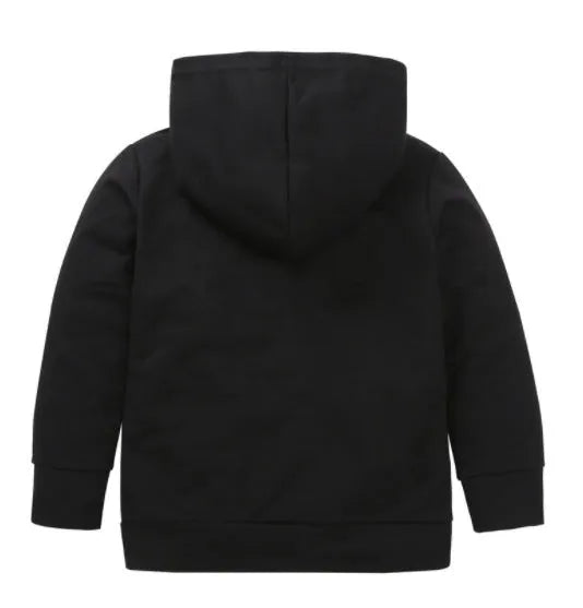 A black boys' hooded sweater with a white letter design on the front, featuring long sleeves and a pullover style.