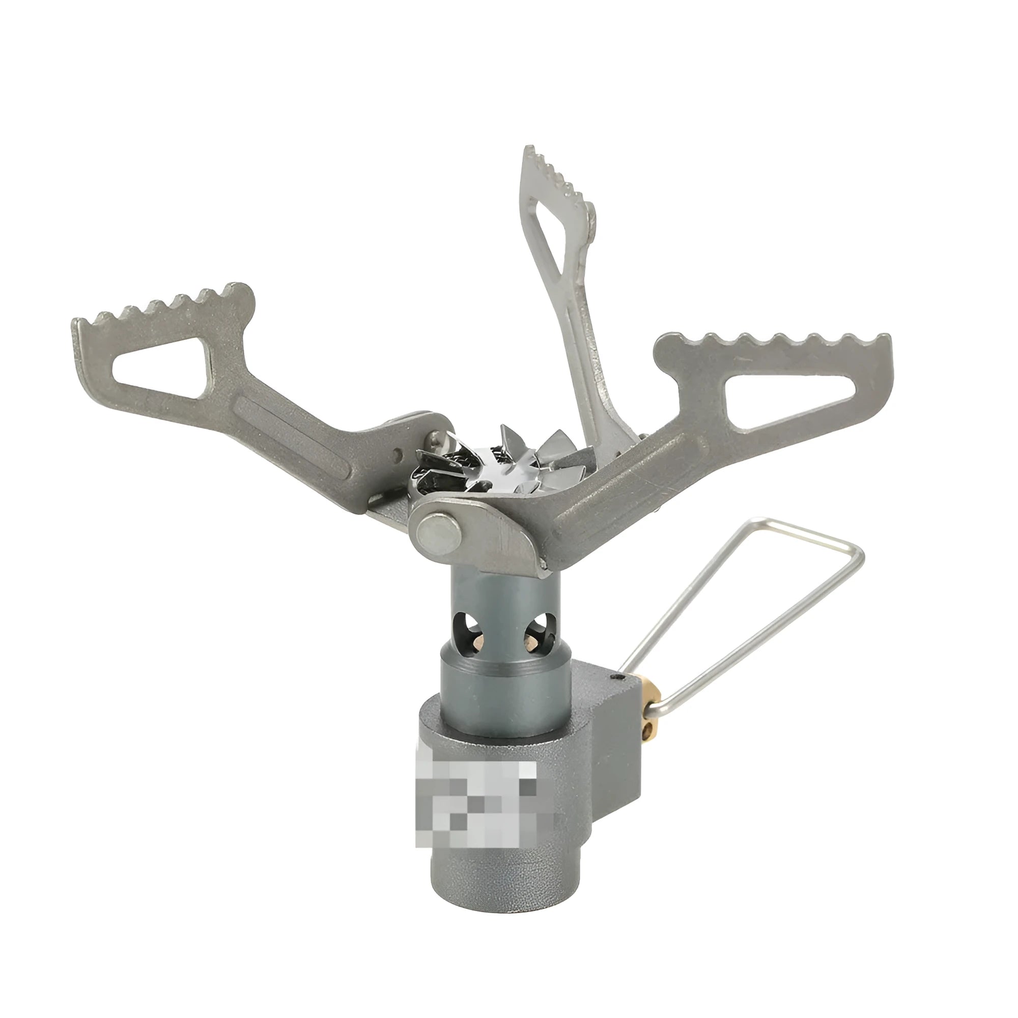 Portable gas camping stove with a one-piece metal furnace body, shown on an outdoor surface.