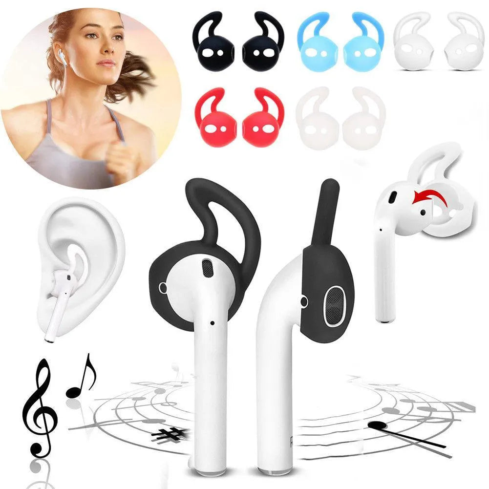 Set of silicone earplug sleeves for Apple AirPods in black, blue, red, transparent, and white colours.